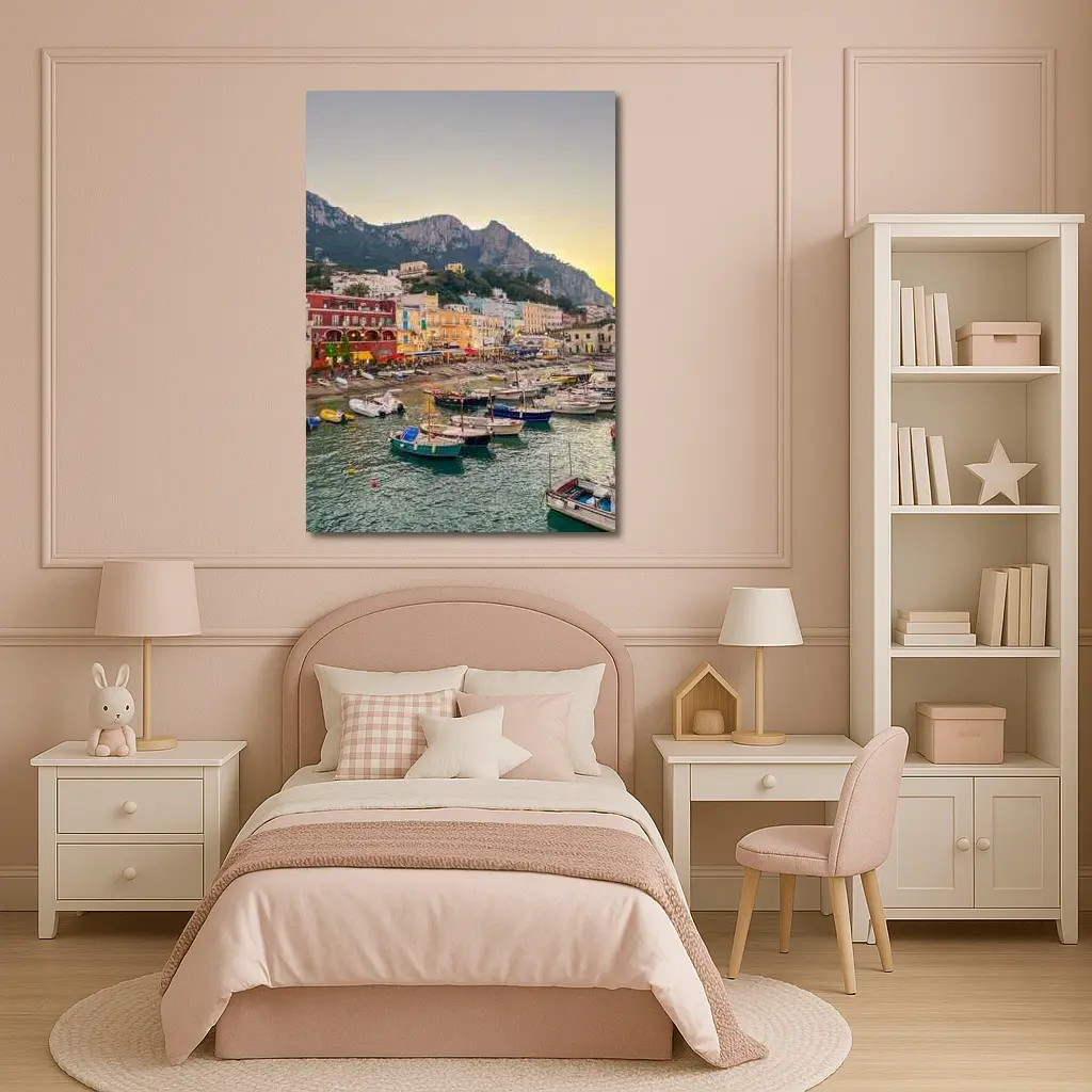 Capri Harbor Colorful Buildings Mountain Sunset – Wall Art