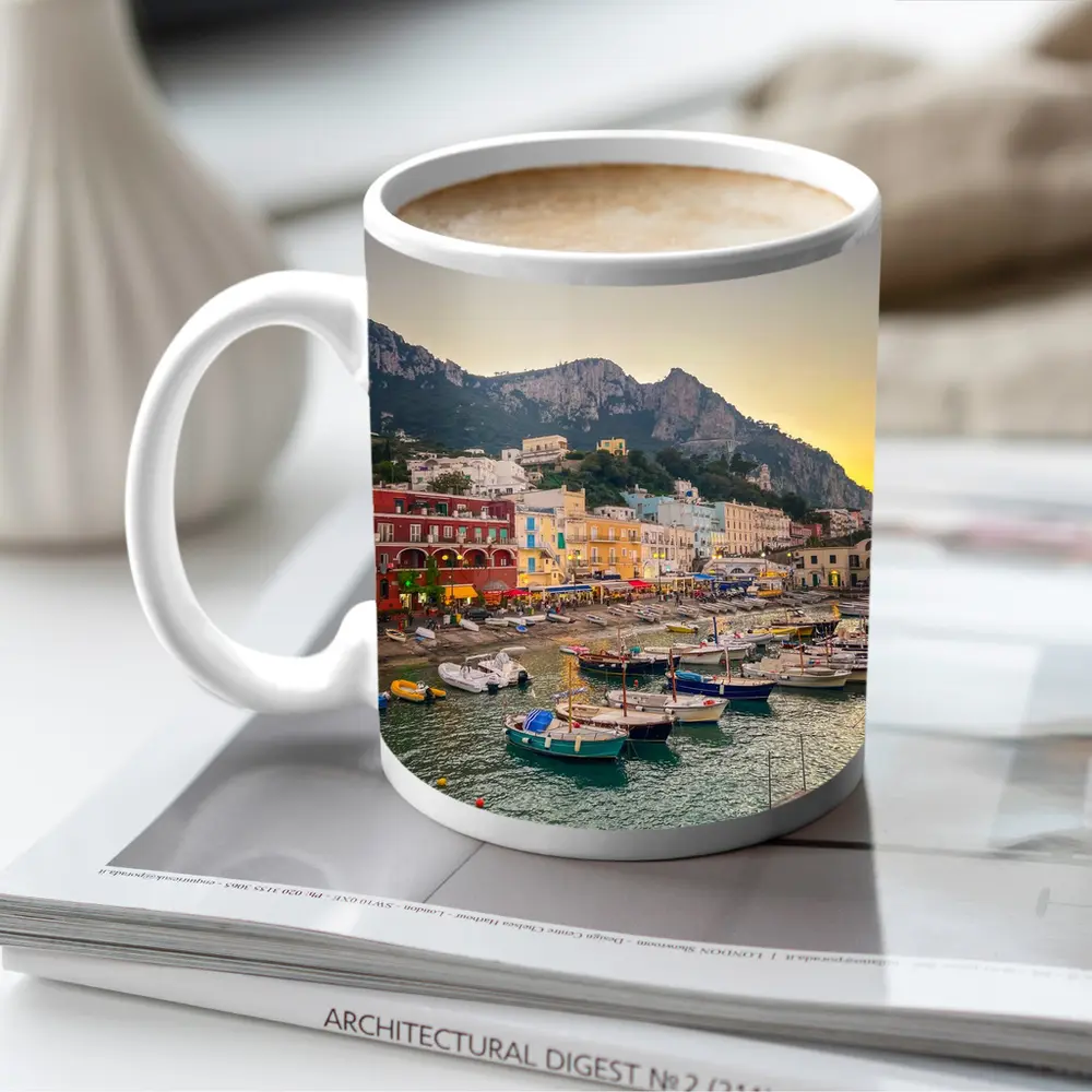 Capri Harbor Colorful Buildings Mountain Sunset – Mugs