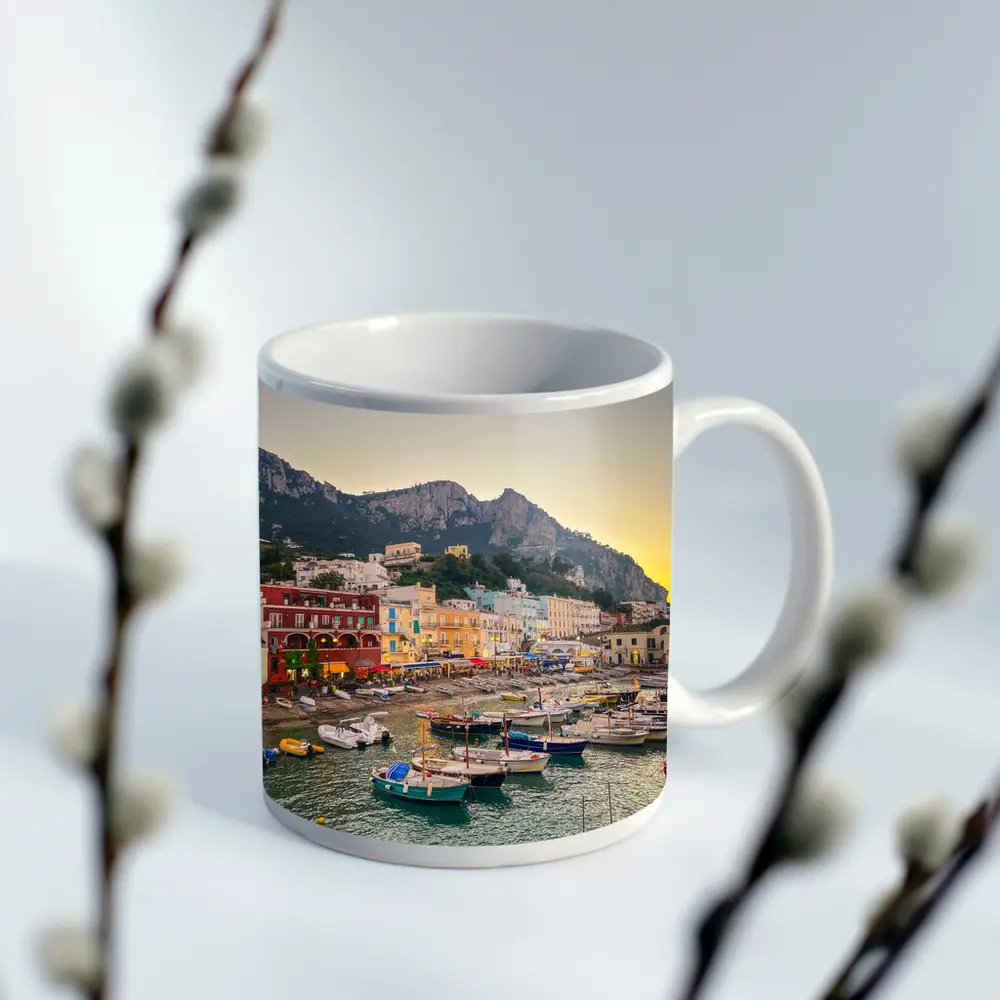 Capri Harbor Colorful Buildings Mountain Sunset – Mugs
