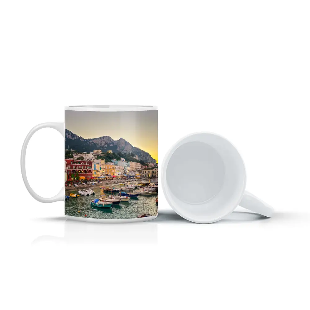 Capri Harbor Colorful Buildings Mountain Sunset – Mugs