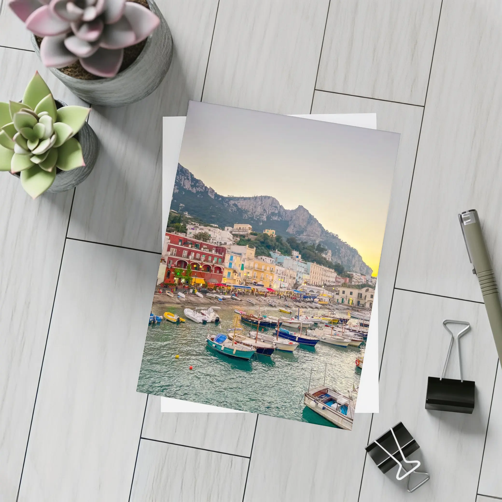 Capri Harbor Colorful Buildings Mountain Sunset – Postcards