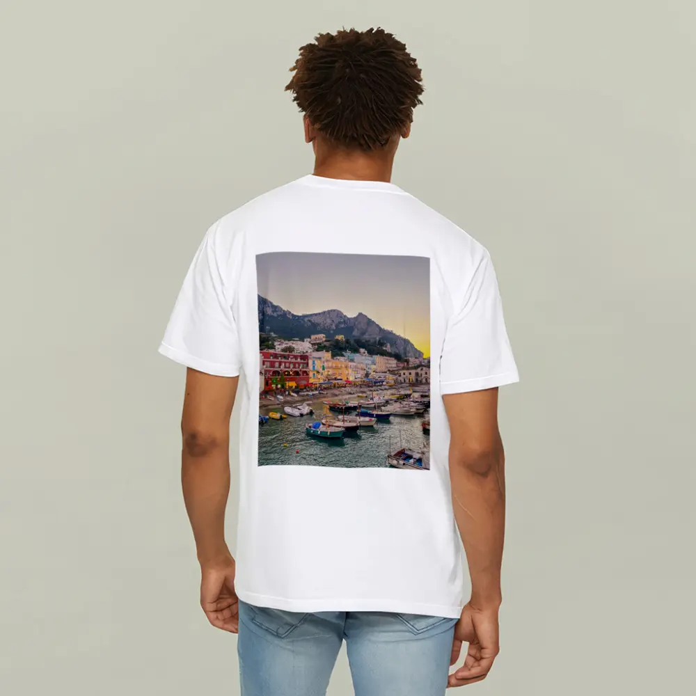 Capri Harbor Colorful Buildings Mountain Sunset – T-Shirts