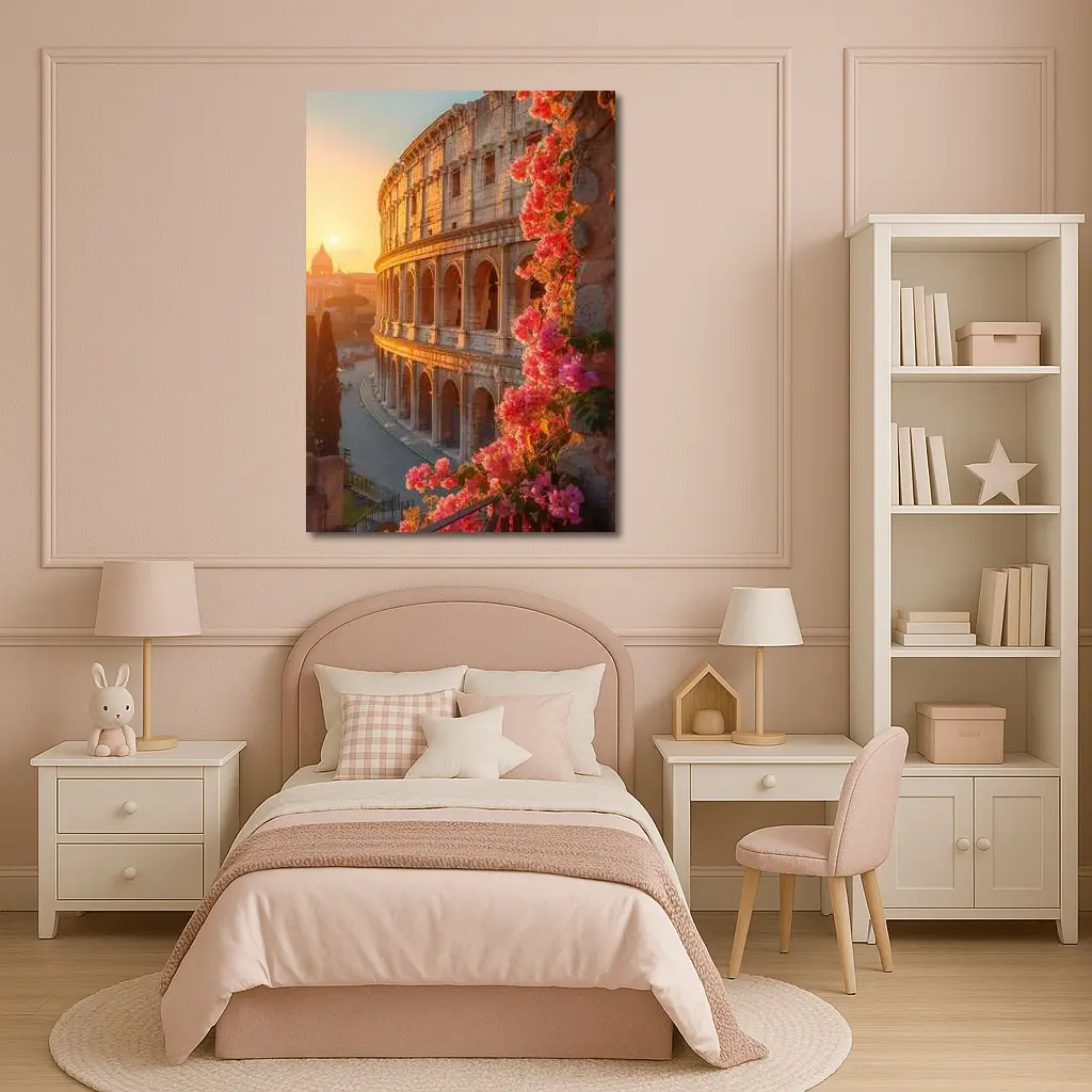 Rome Colosseum Sunset Pink Bougainvillea Flowers – Wall Art
