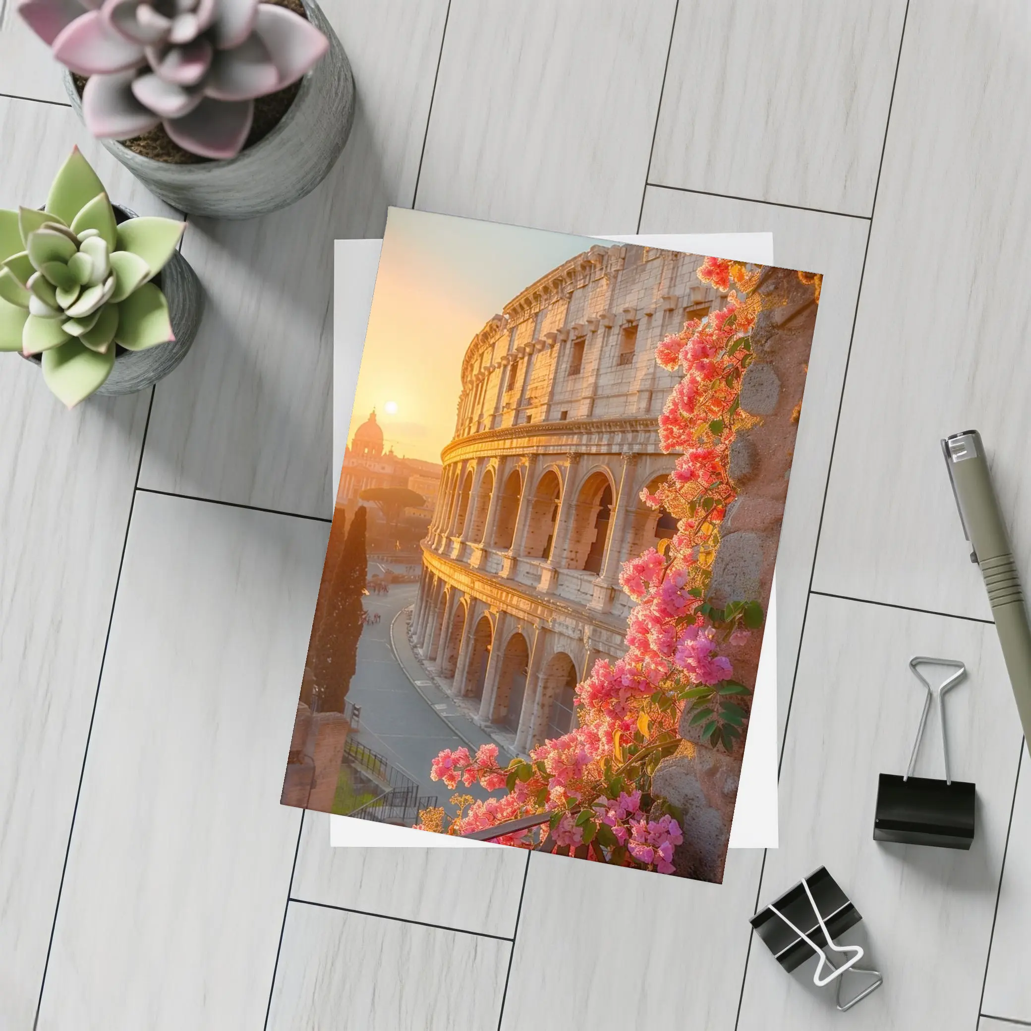 Rome Colosseum Sunset Pink Bougainvillea Flowers – Postcards