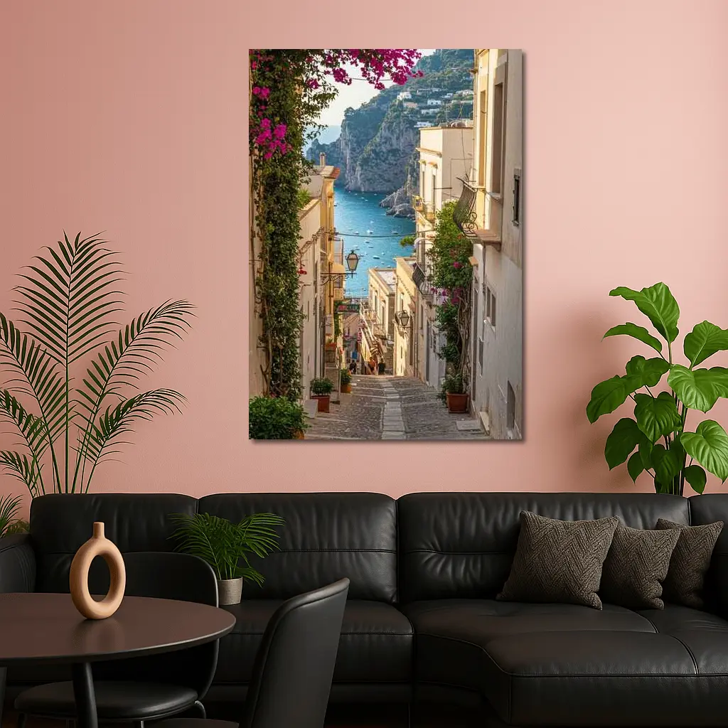 Italian Coastal Alley Pink Bougainvillea Ocean View – Wall Art