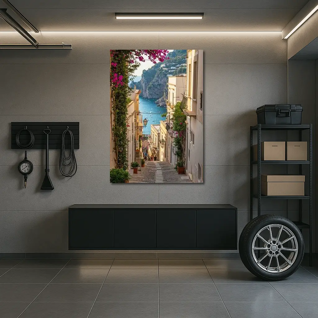 Italian Coastal Alley Pink Bougainvillea Ocean View – Wall Art