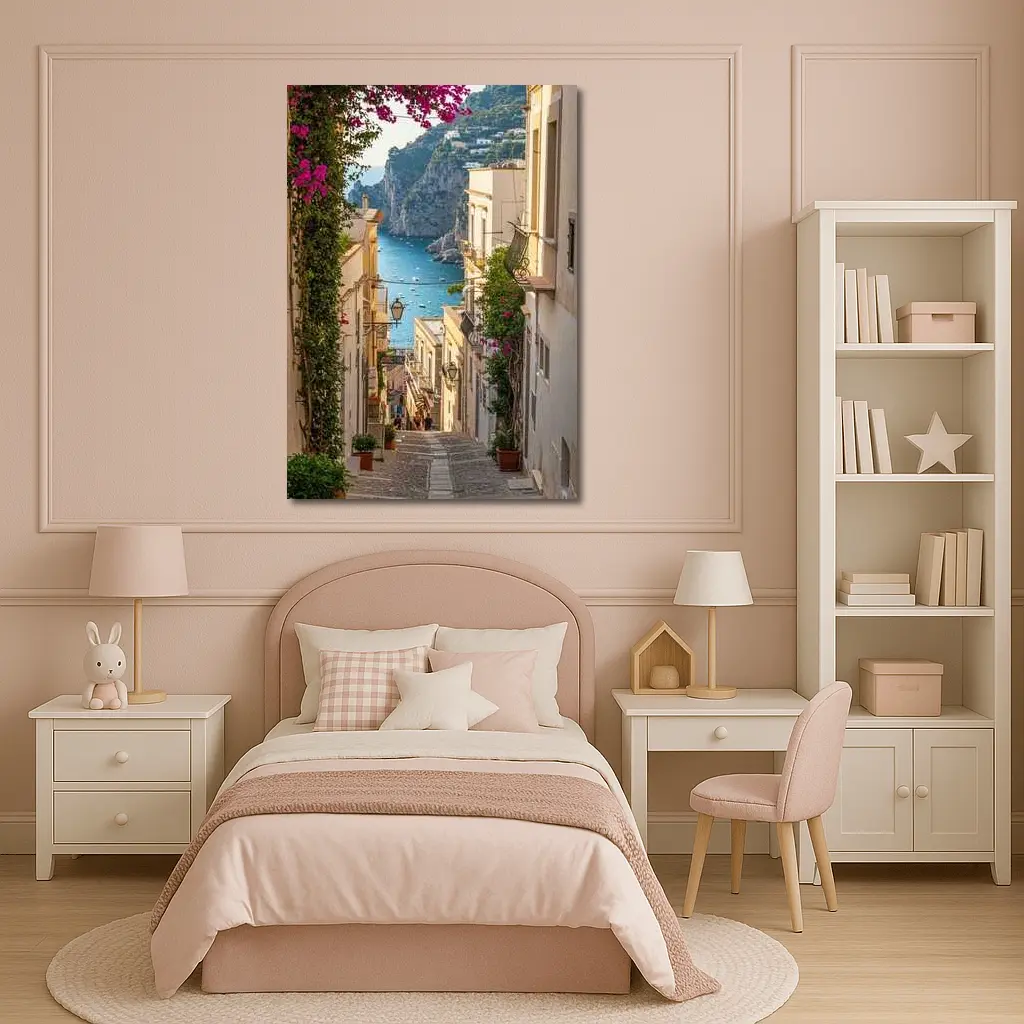Italian Coastal Alley Pink Bougainvillea Ocean View – Wall Art