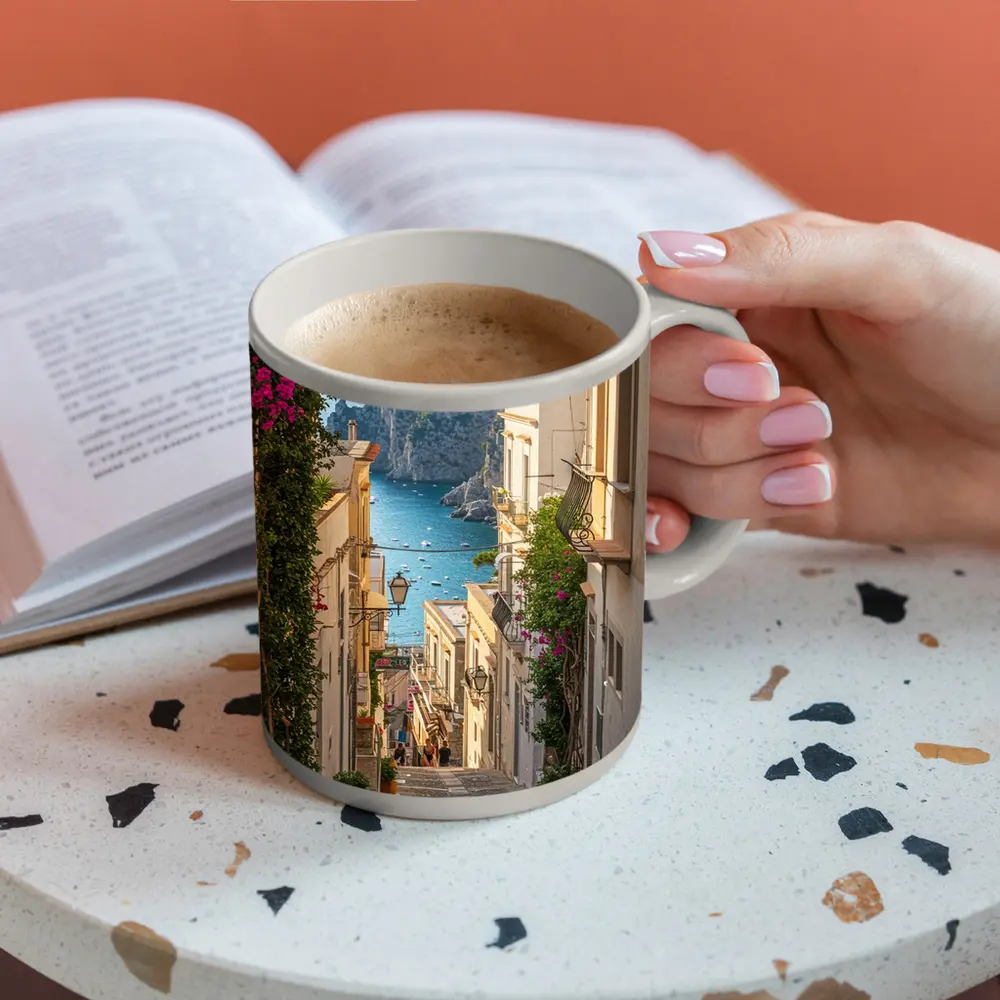 Italian Coastal Alley Pink Bougainvillea Ocean View – Mugs