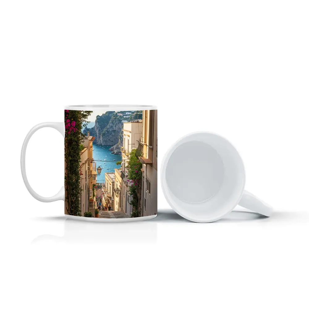 Italian Coastal Alley Pink Bougainvillea Ocean View – Mugs