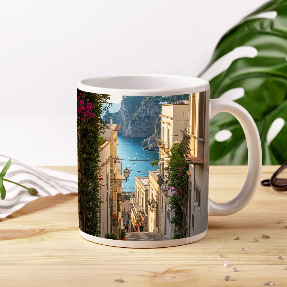 Italian Coastal Alley Pink Bougainvillea Ocean View – Mugs