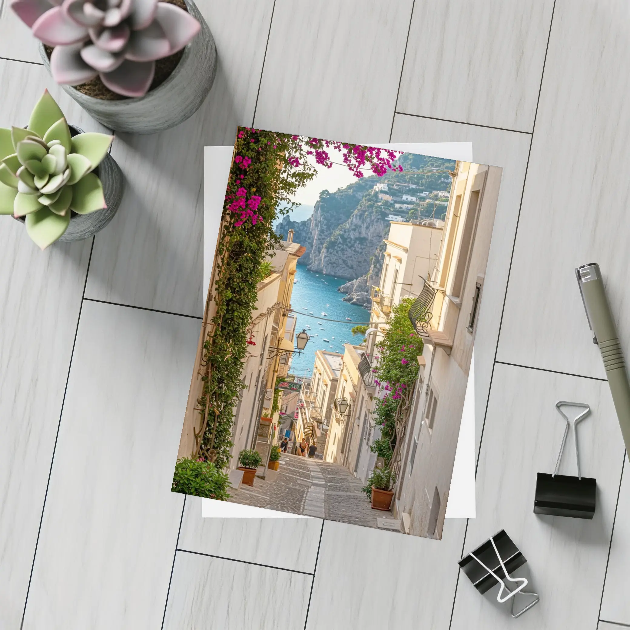 Italian Coastal Alley Pink Bougainvillea Ocean View – Postcards