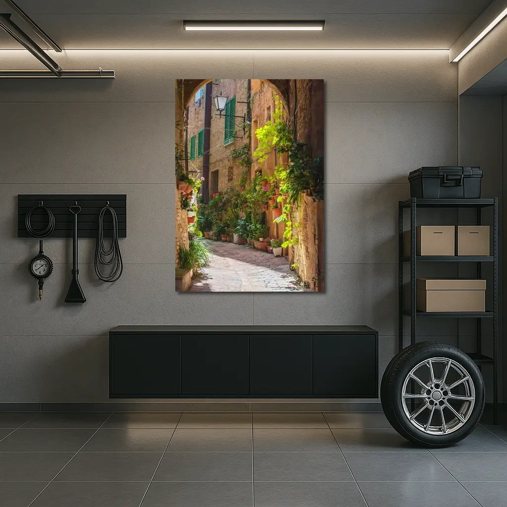 Sunlit Italian Alley With Potted Plants – Wall Art