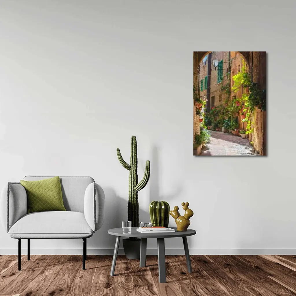 Sunlit Italian Alley With Potted Plants – Wall Art
