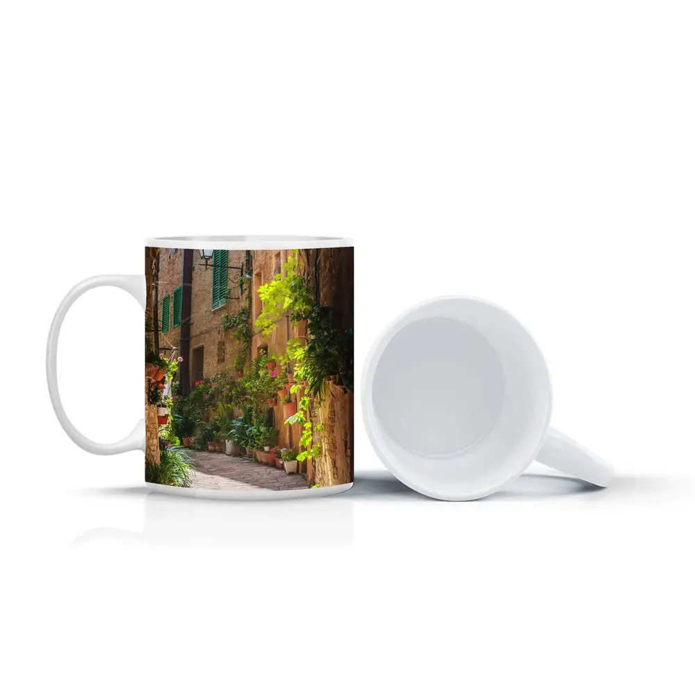 Sunlit Italian Alley With Potted Plants – Mugs