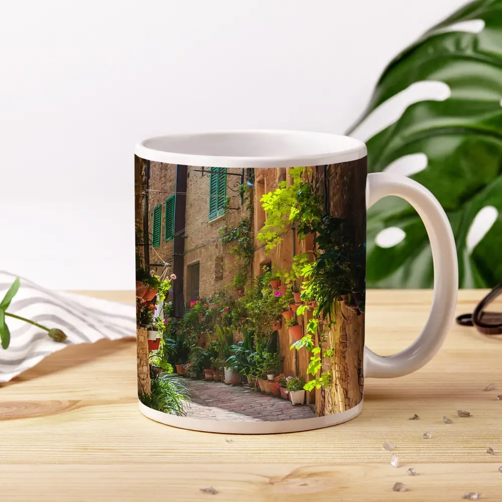 Sunlit Italian Alley With Potted Plants – Mugs
