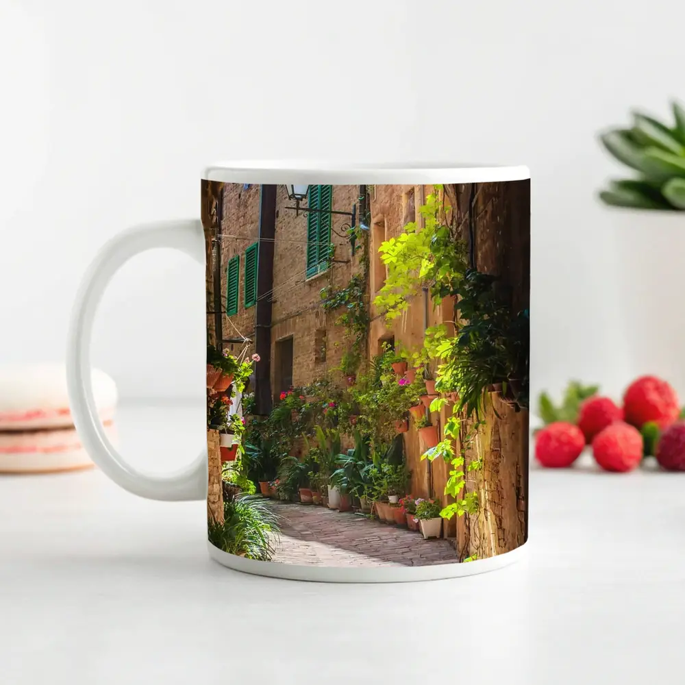 Sunlit Italian Alley With Potted Plants – Mugs