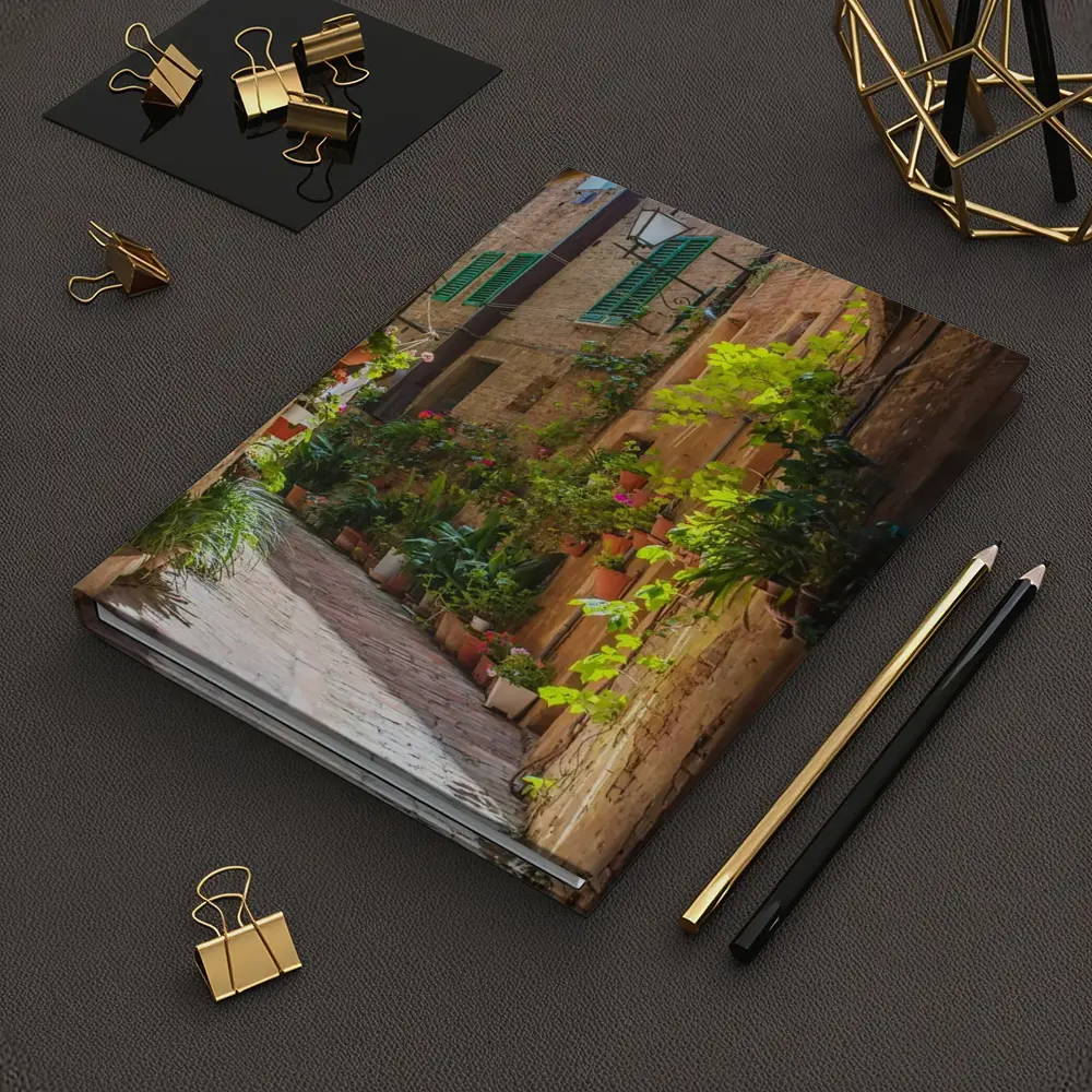 Sunlit Italian Alley With Potted Plants – Notebooks