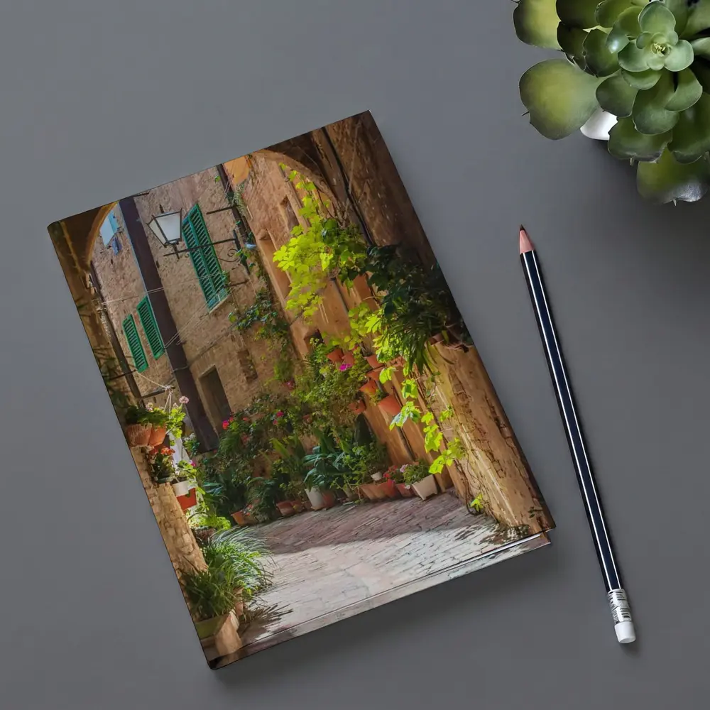 Sunlit Italian Alley With Potted Plants – Notebooks
