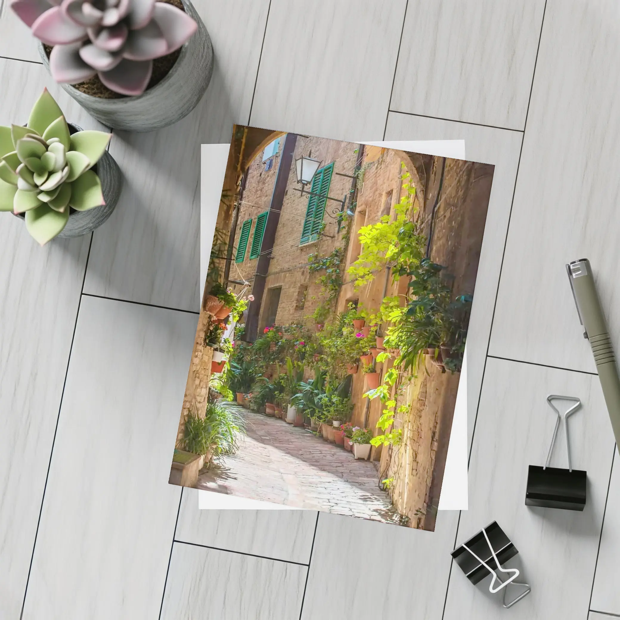 Sunlit Italian Alley With Potted Plants – Postcards