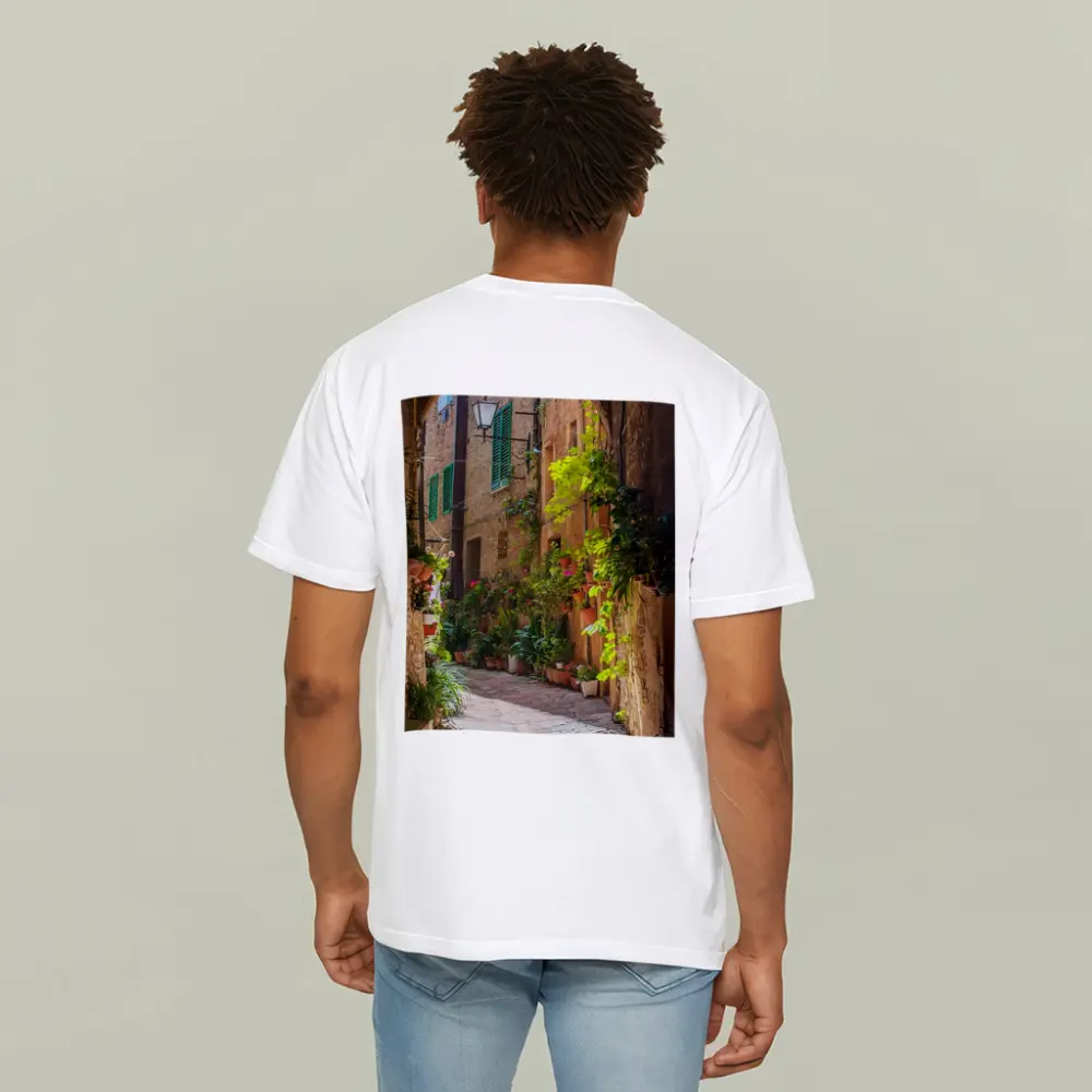 Sunlit Italian Alley With Potted Plants – T-Shirts