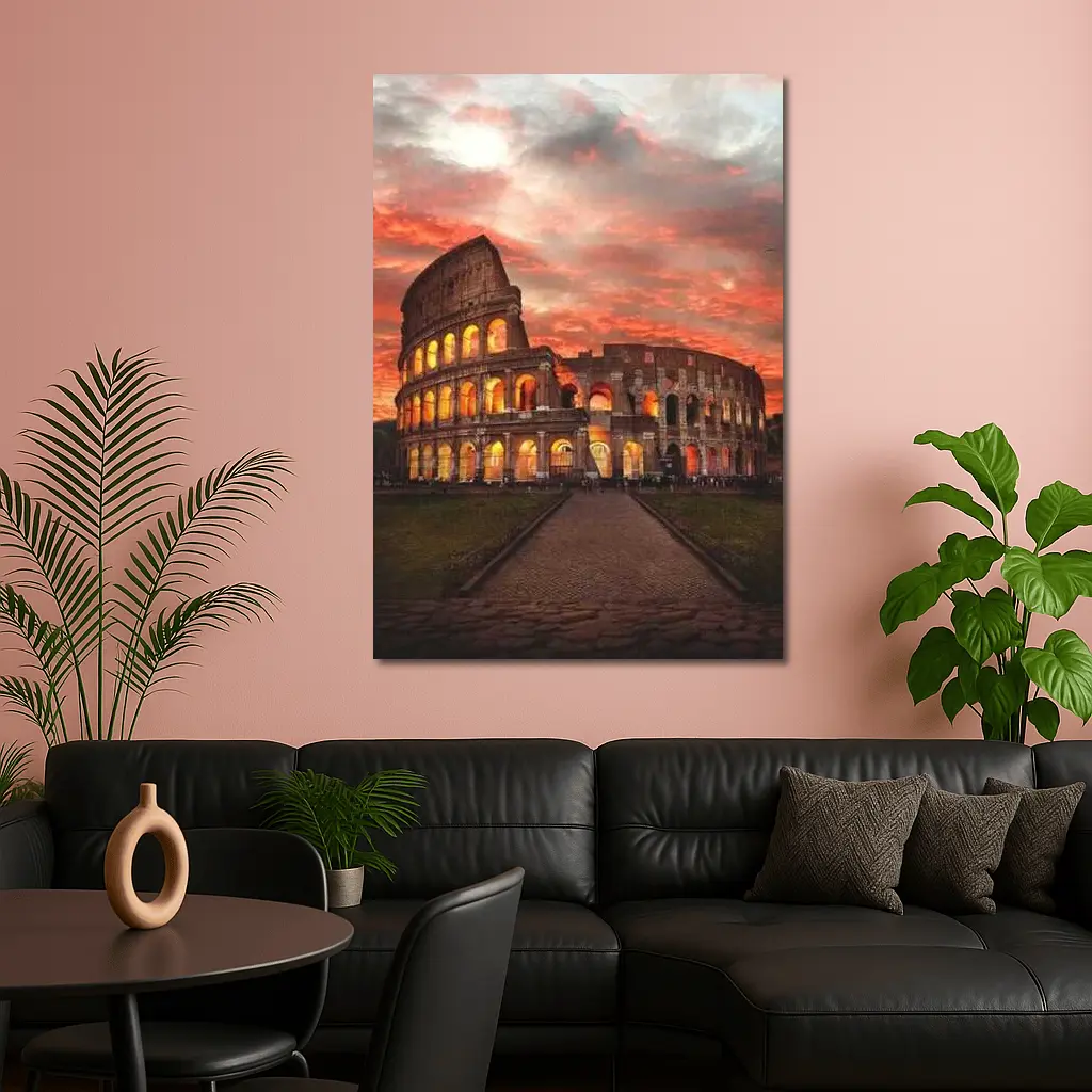 Rome Colosseum Glowing Red Sunset Sky – Wall Art