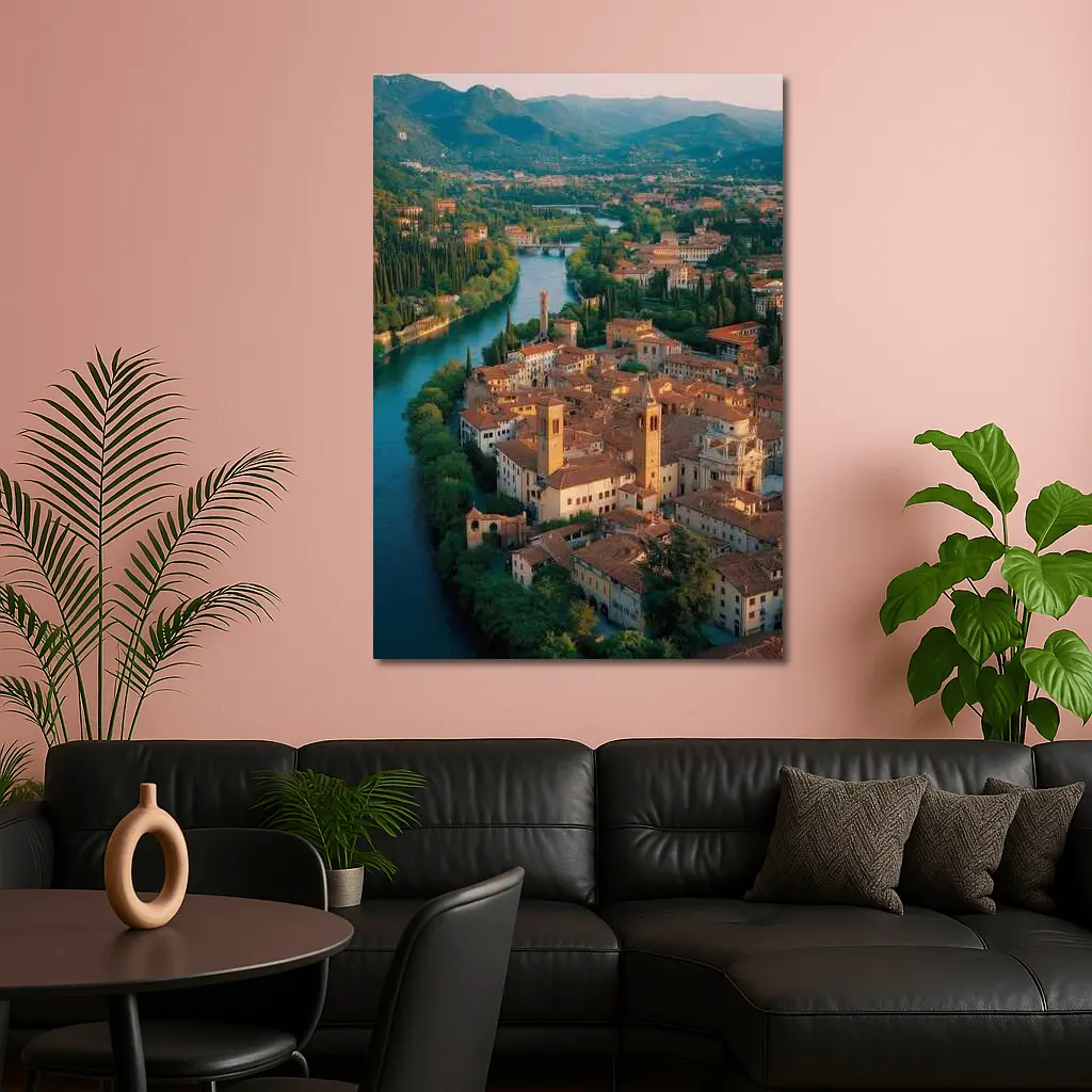 Italian River Town Aerial View Mountains – Wall Art