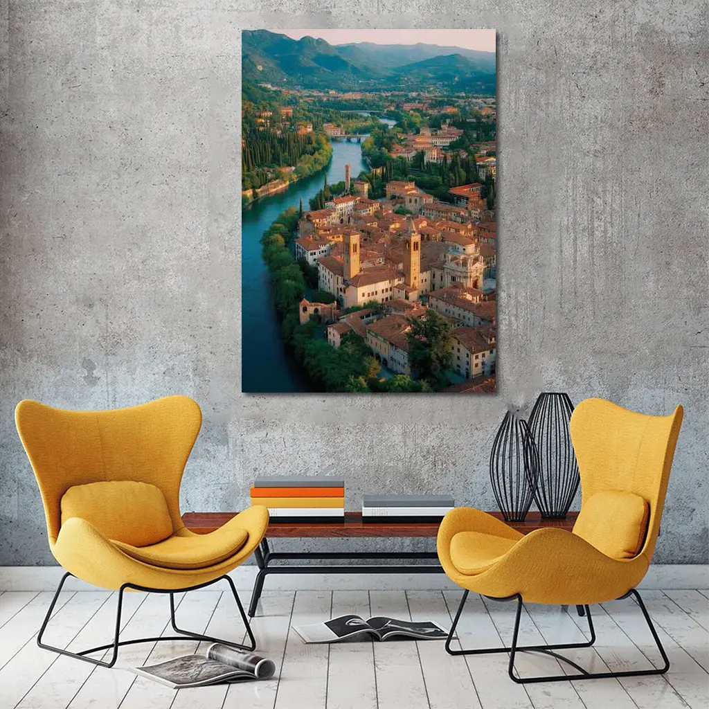 Italian River Town Aerial View Mountains – Wall Art