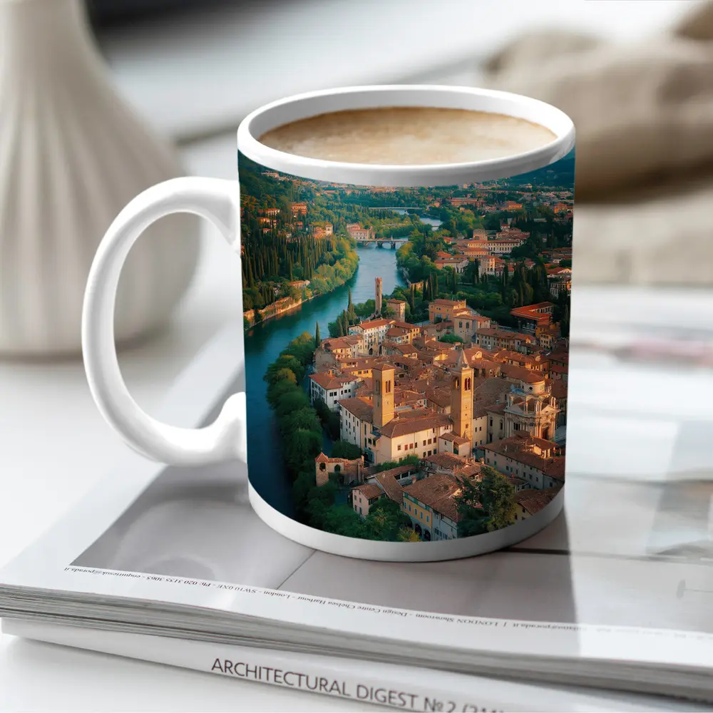 Italian River Town Aerial View Mountains – Mugs