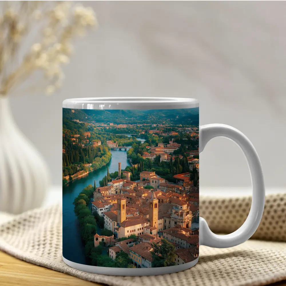 Italian River Town Aerial View Mountains – Mugs