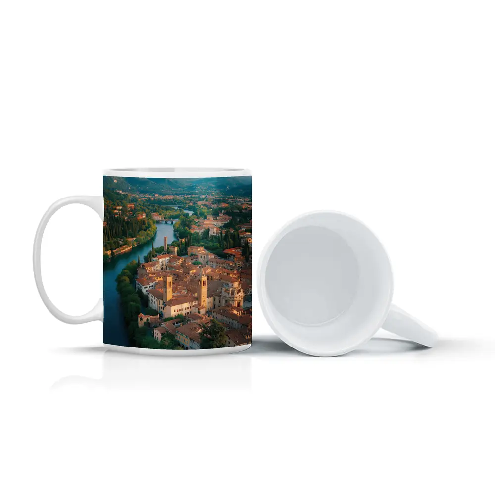 Italian River Town Aerial View Mountains – Mugs