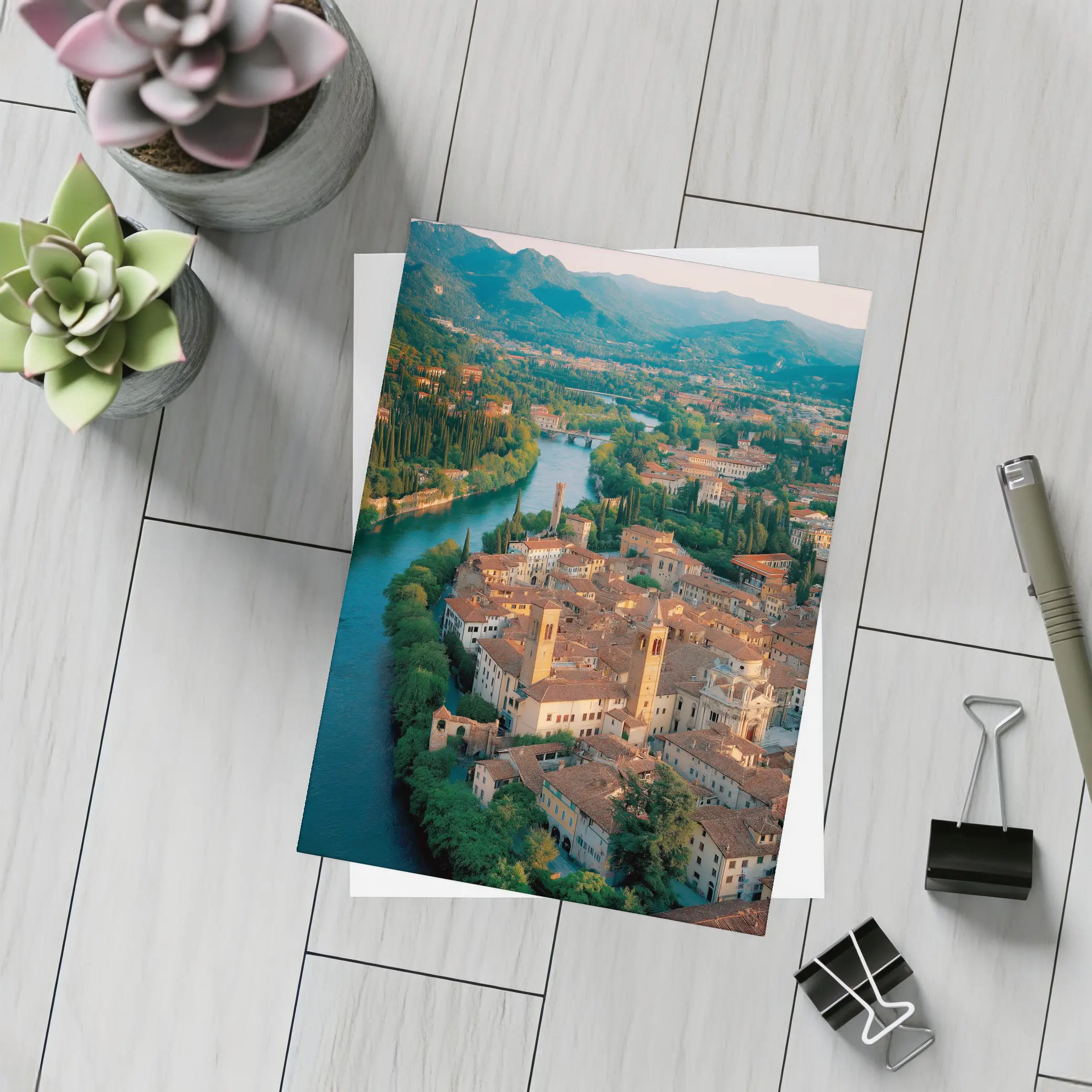 Italian River Town Aerial View Mountains – Postcards