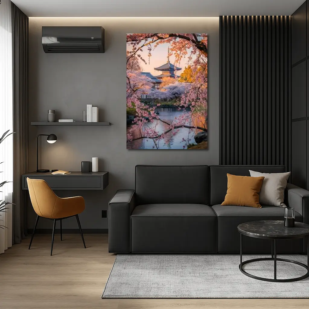 Japanese Temple Cherry Blossoms Pond Sunset – Wall Art