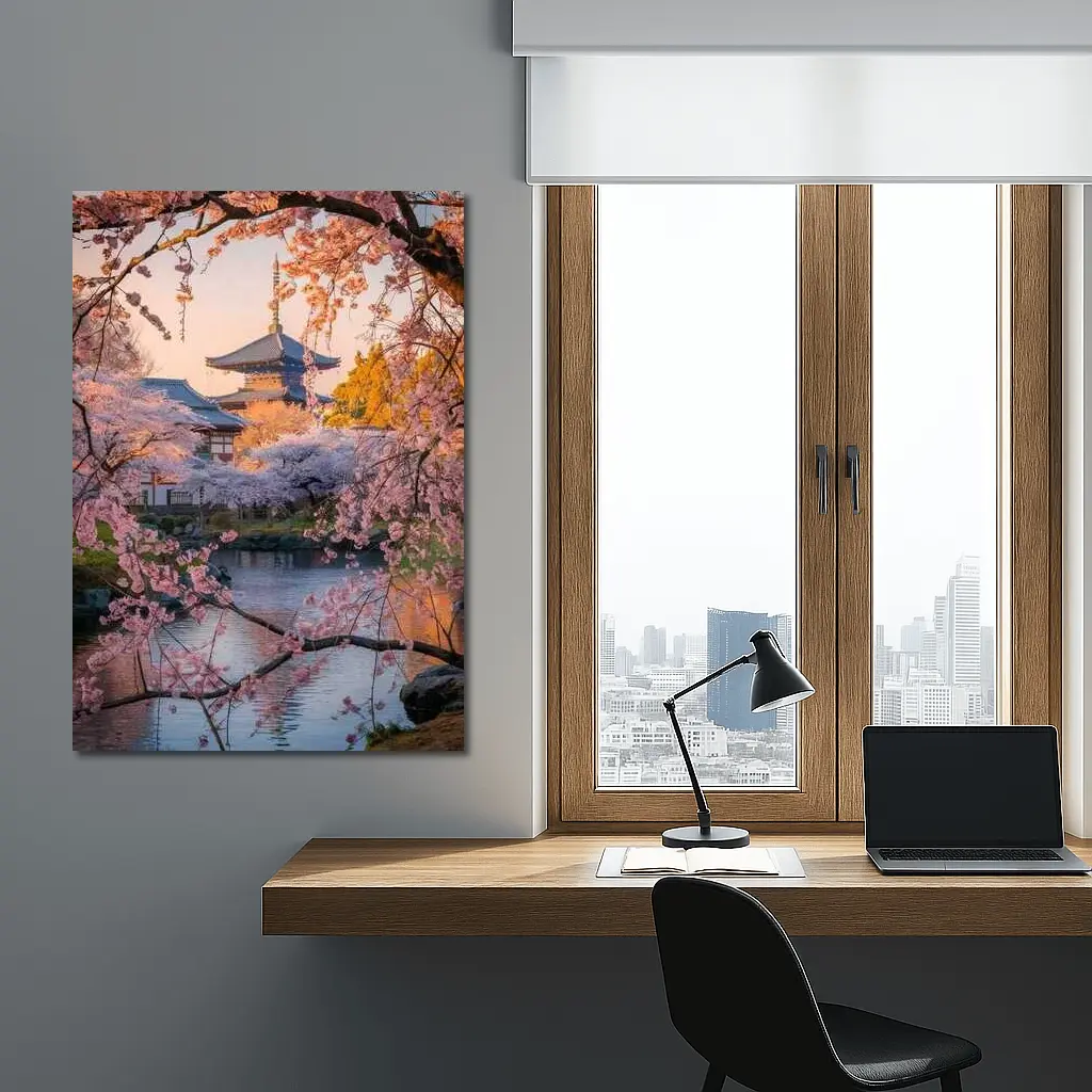Japanese Temple Cherry Blossoms Pond Sunset – Wall Art