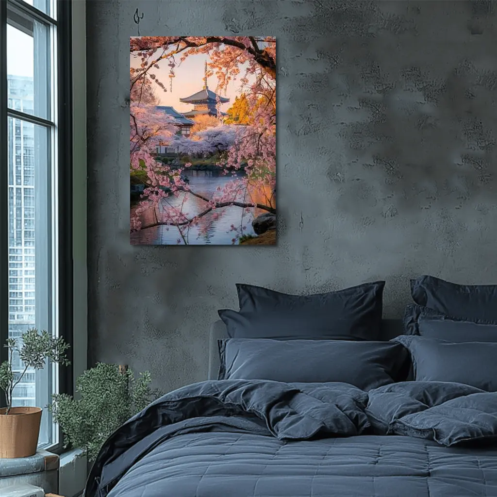 Japanese Temple Cherry Blossoms Pond Sunset – Wall Art