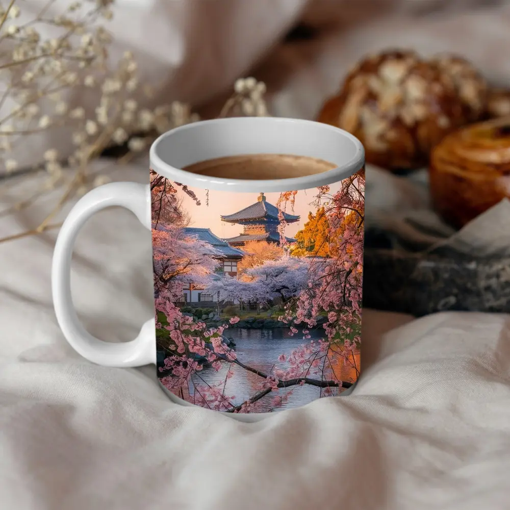 Japanese Temple Cherry Blossoms Pond Sunset – Mugs