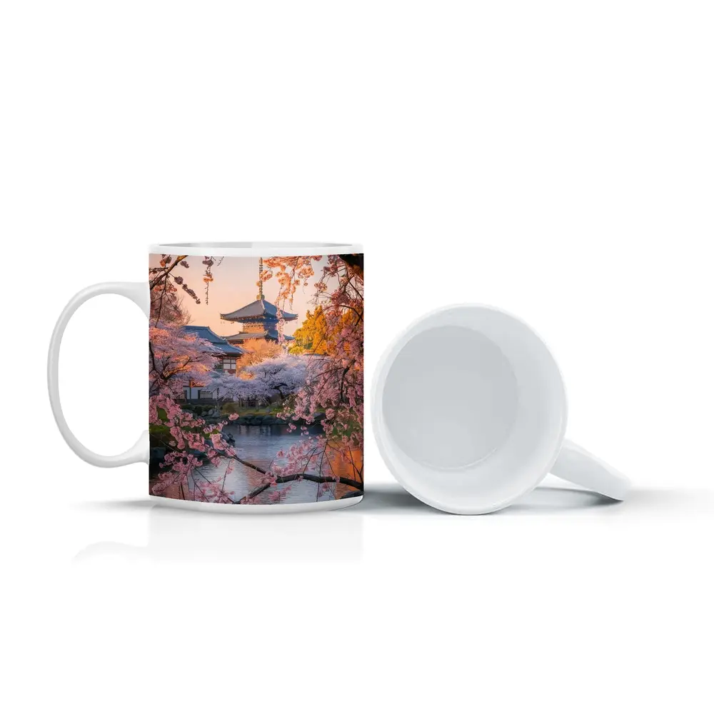 Japanese Temple Cherry Blossoms Pond Sunset – Mugs