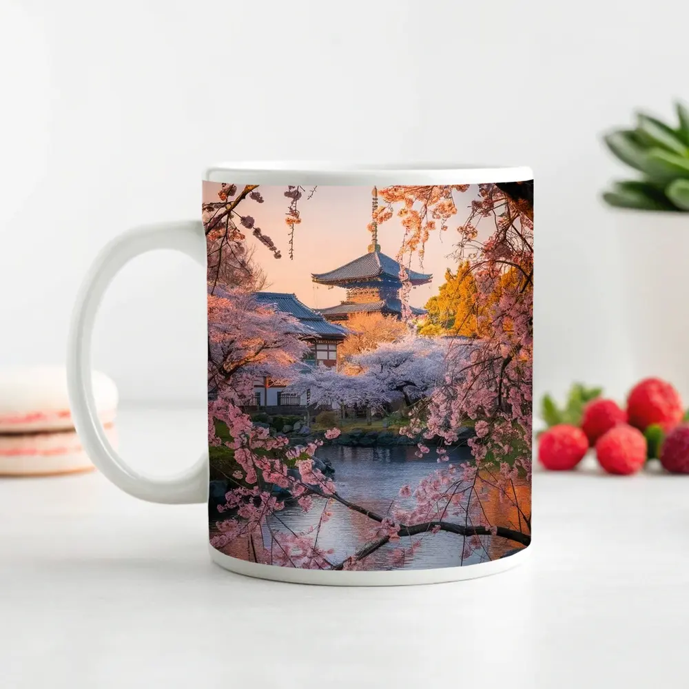Japanese Temple Cherry Blossoms Pond Sunset – Mugs