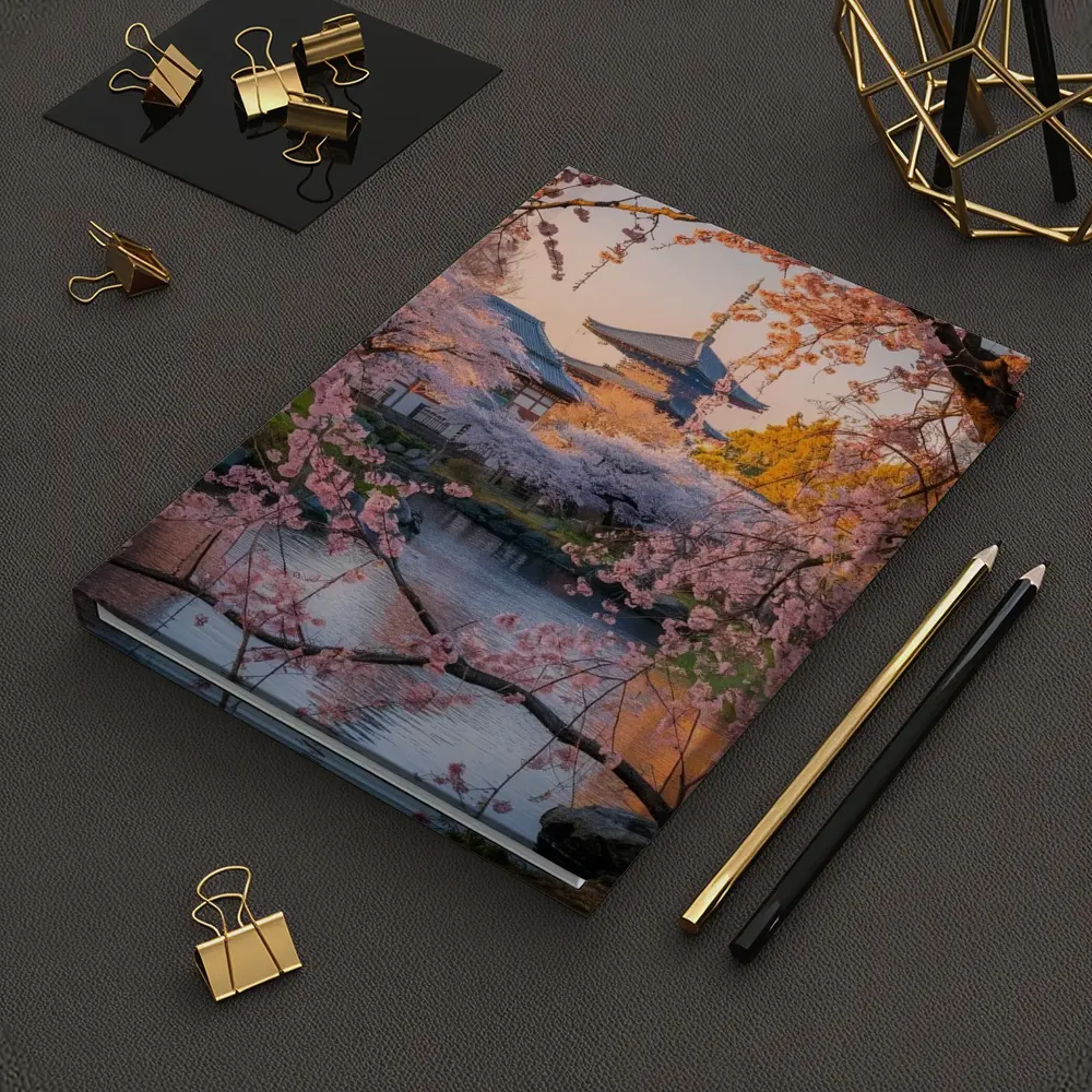 Japanese Temple Cherry Blossoms Pond Sunset – Notebooks