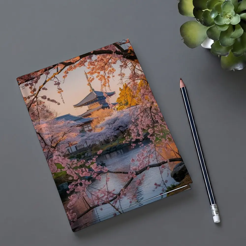 Japanese Temple Cherry Blossoms Pond Sunset – Notebooks