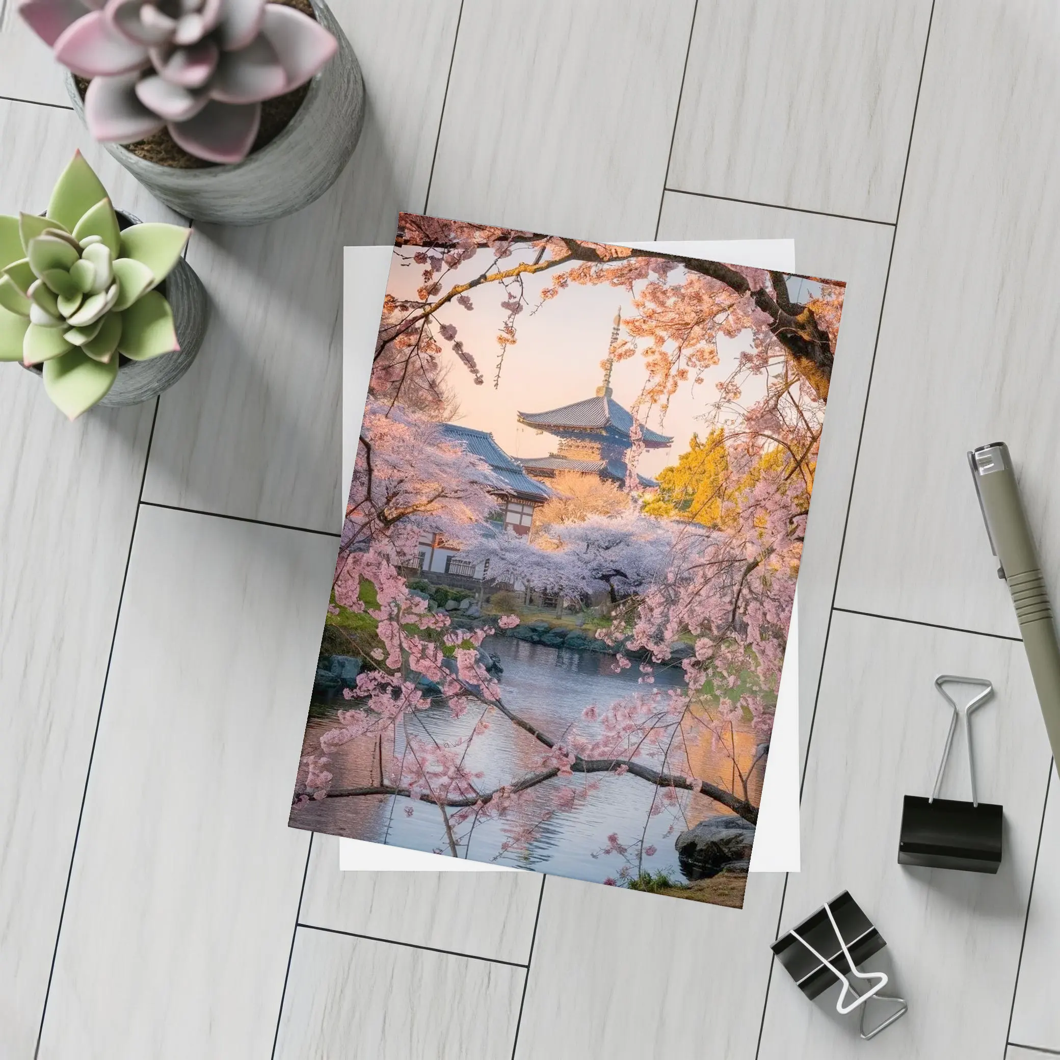 Japanese Temple Cherry Blossoms Pond Sunset – Postcards