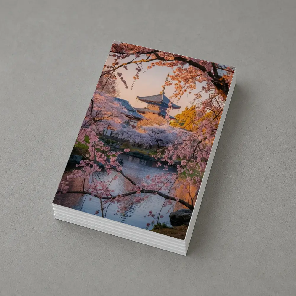Japanese Temple Cherry Blossoms Pond Sunset – Postcards