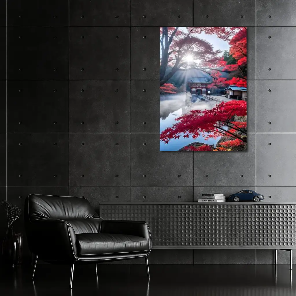 Japanese Temple Red Maple Autumn Mist – Wall Art