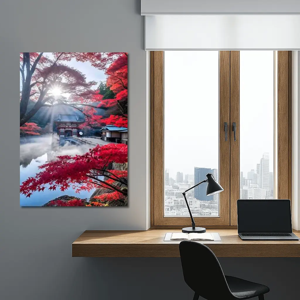 Japanese Temple Red Maple Autumn Mist – Wall Art