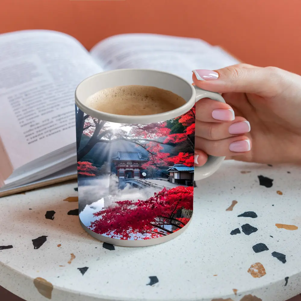 Japanese Temple Red Maple Autumn Mist – Mugs