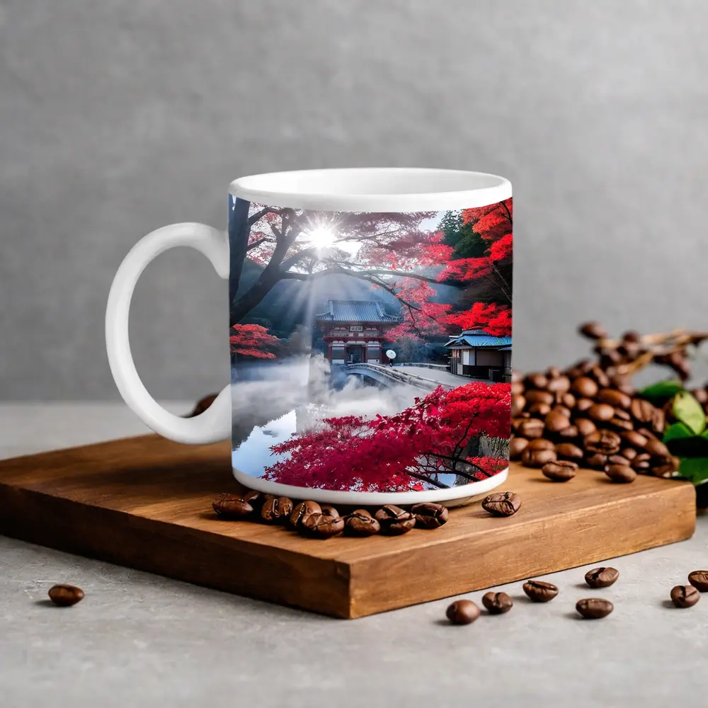 Japanese Temple Red Maple Autumn Mist – Mugs