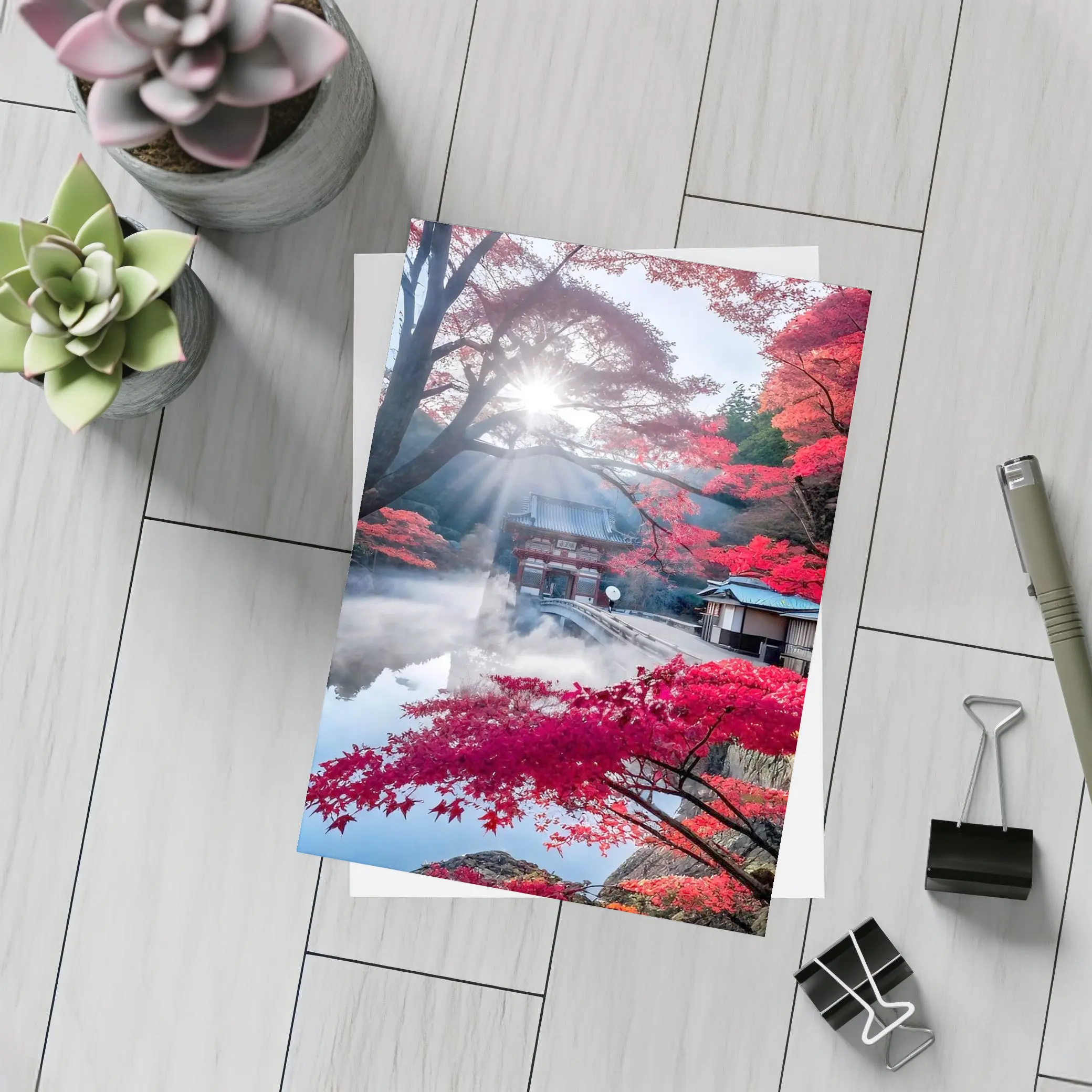 Japanese Temple Red Maple Autumn Mist – Postcards