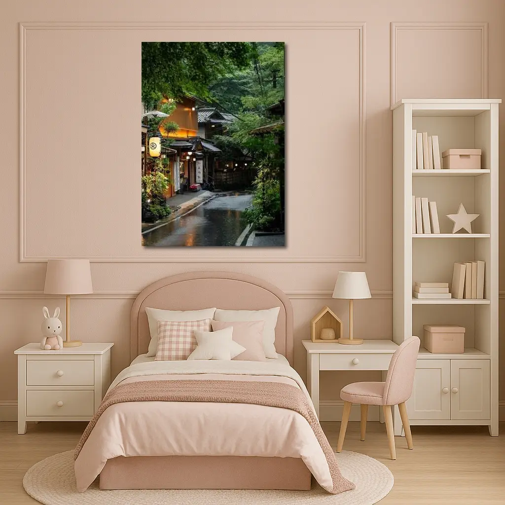 Rainy Kyoto Street Traditional Japanese Lanterns – Wall Art