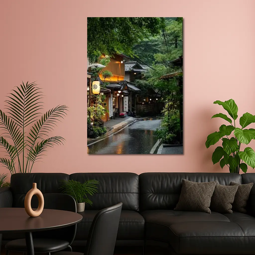 Rainy Kyoto Street Traditional Japanese Lanterns – Wall Art