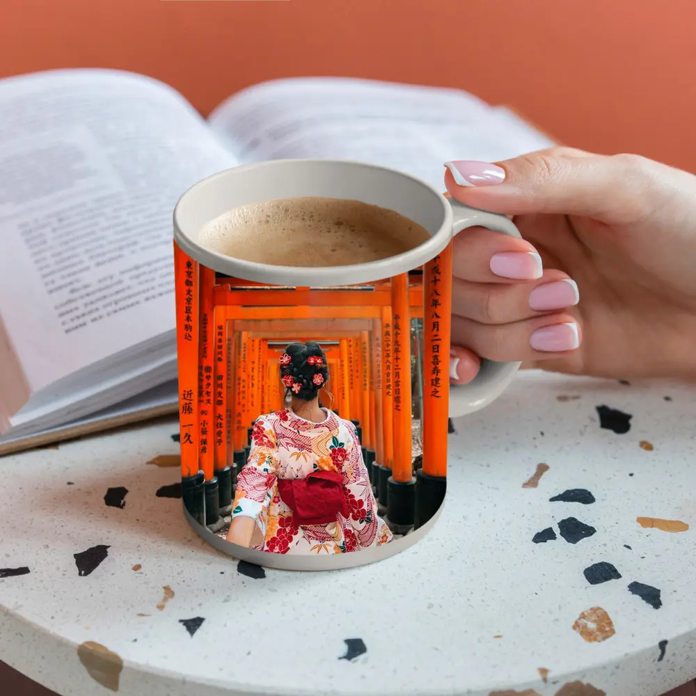 Woman in Kimono at Fushimi Inari Torii Gates – Mugs
