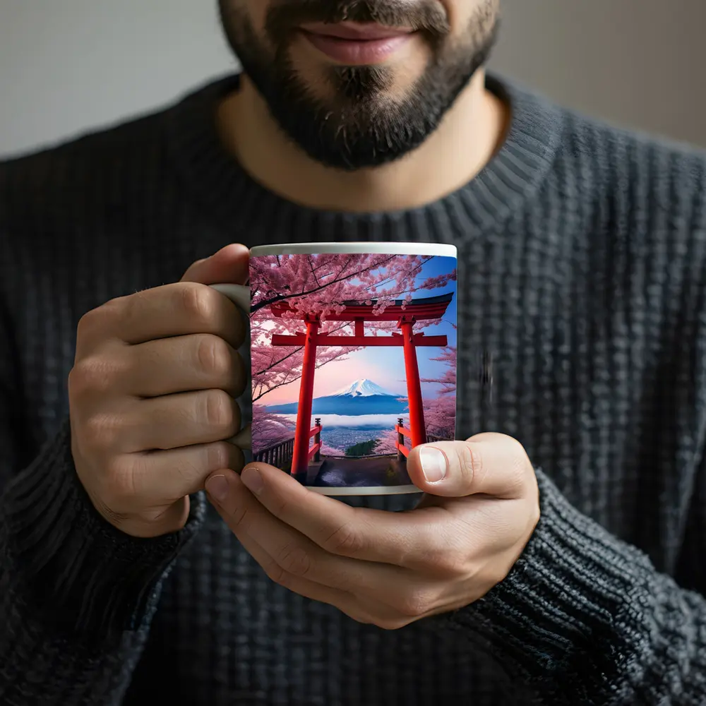 Red Torii Gate Mount Fuji Cherry Blossoms – Mugs